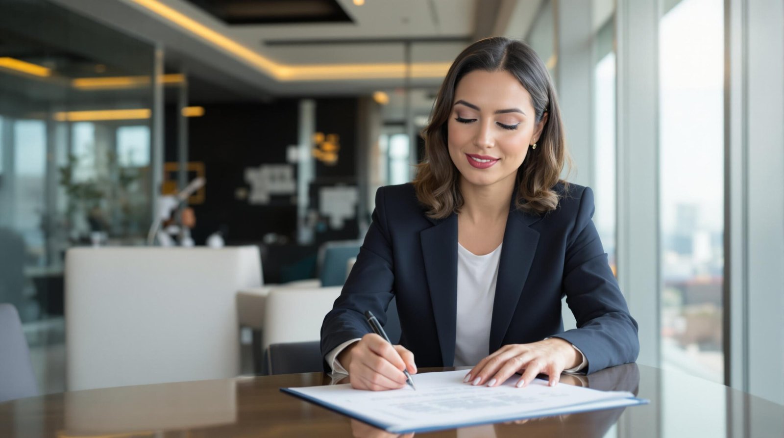Femme d'affaires signant un document dans un bureau moderne